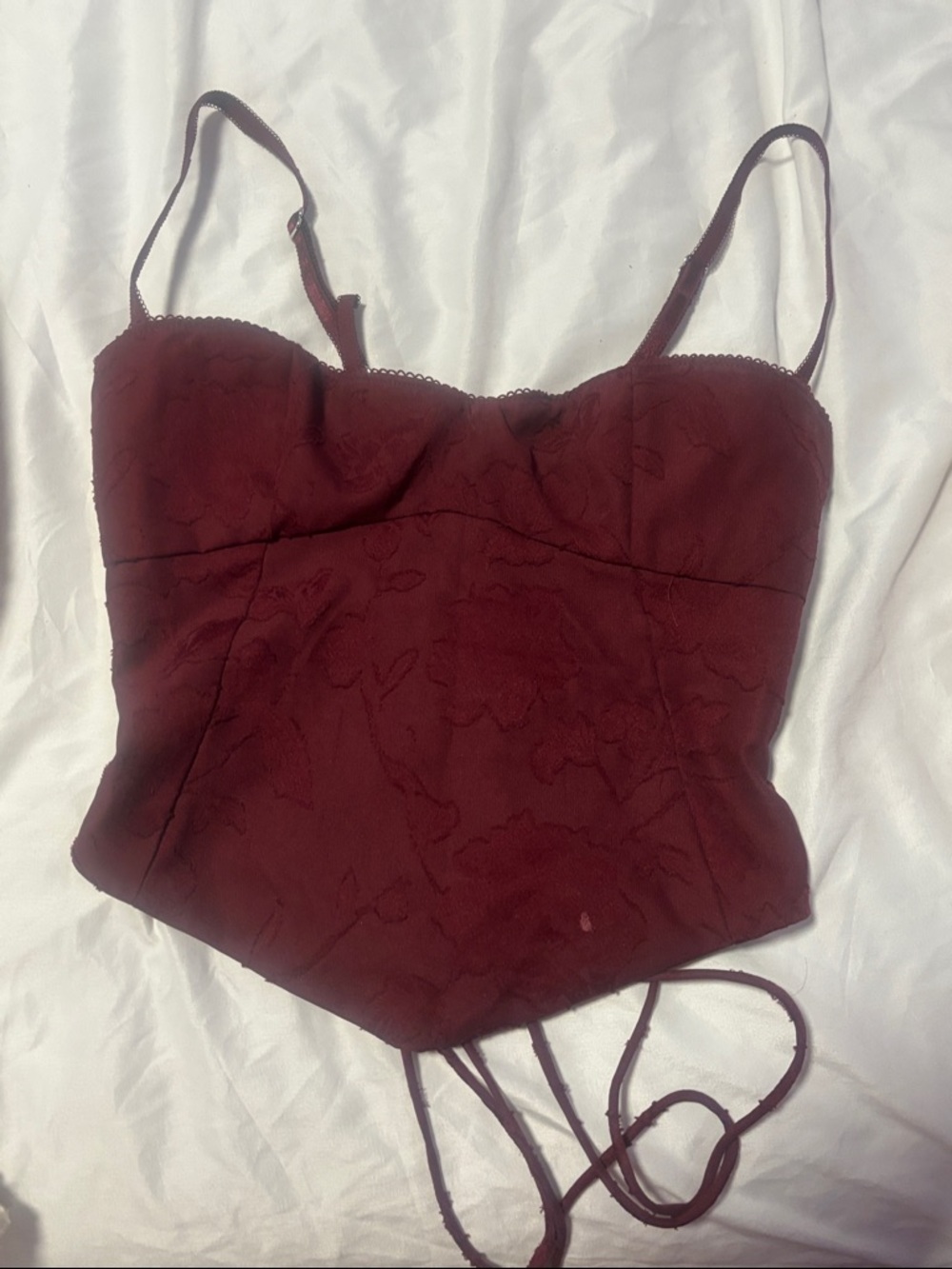 White Fox Boutique Burgundy Floral Jacquard Bustier Crop Top